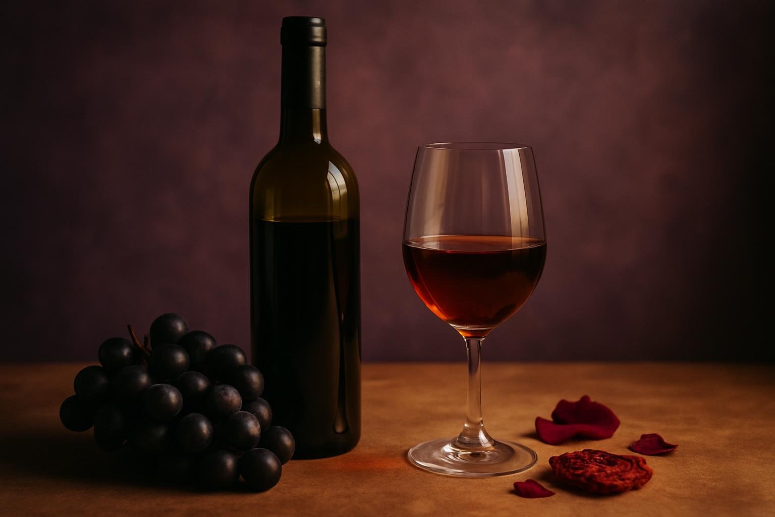 Glass and bottle of Xinomavro with dark grapes, rose petals and sun-dried tomato