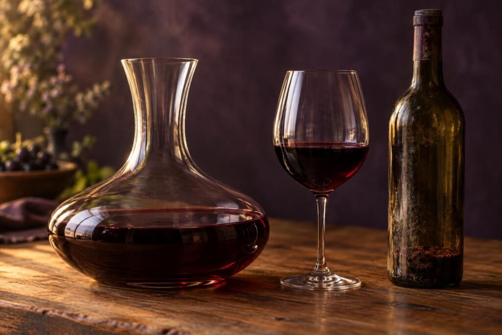 YouYah Wine Decanter Review: Does 5 Minutes Really Beat 30? 2 Wide crystal decanter with red wine beside a glass of Cabernet and an aged bottle
