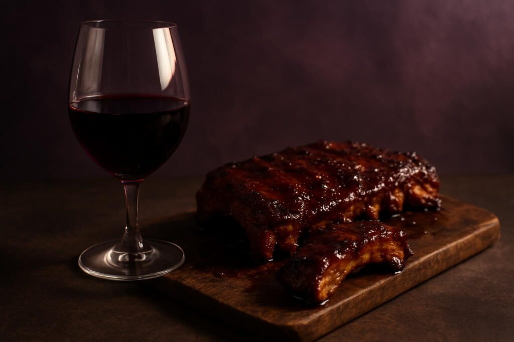 Glass of Zinfandel beside glazed barbecue pork ribs on a rustic board