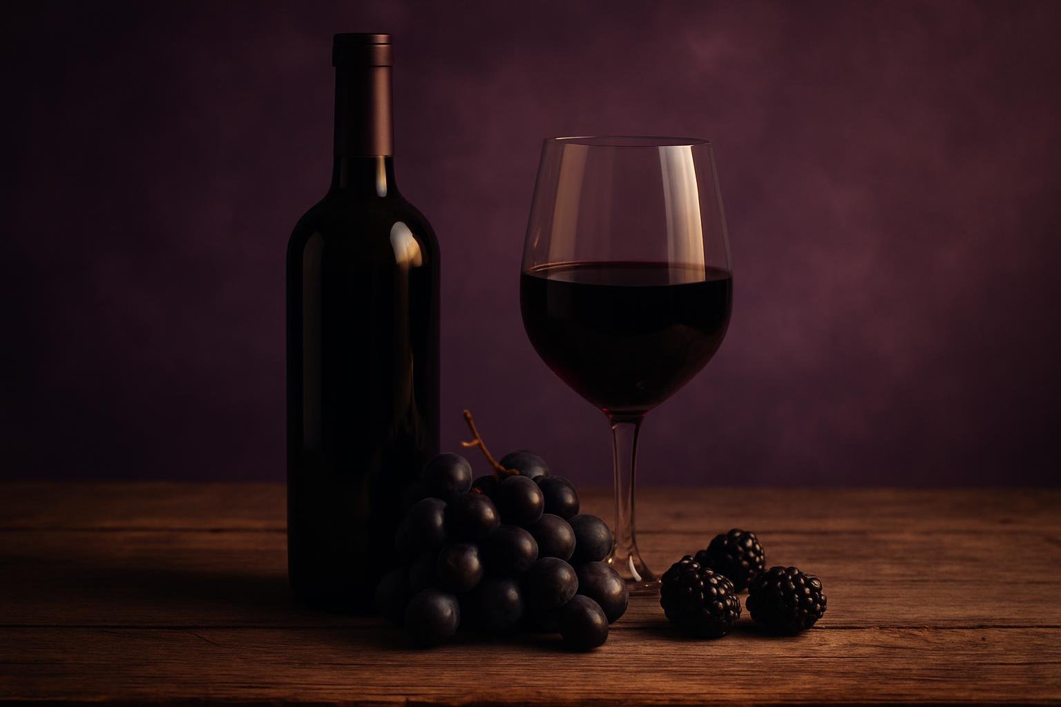 Bottle and glass of Zinfandel red wine with dark grapes and blackberries on a timber table