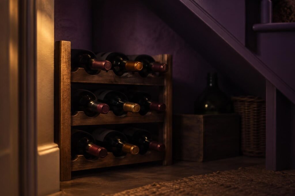 Wine rack with bottles on their sides in a dark cupboard