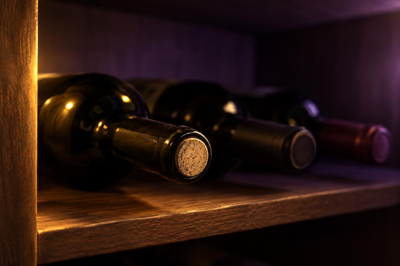 Wine bottles lying on their sides on a dark wardrobe shelf