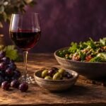 Glass of red wine beside grapes and a green salad on a wooden table