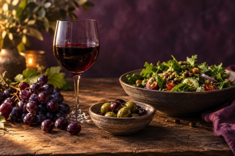 Glass of red wine beside grapes and a green salad on a wooden table
