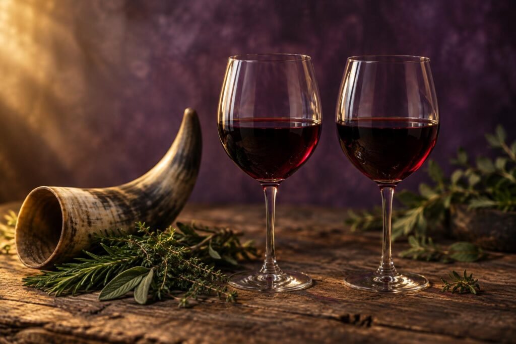 Two glasses of wine beside a cow horn and herbs