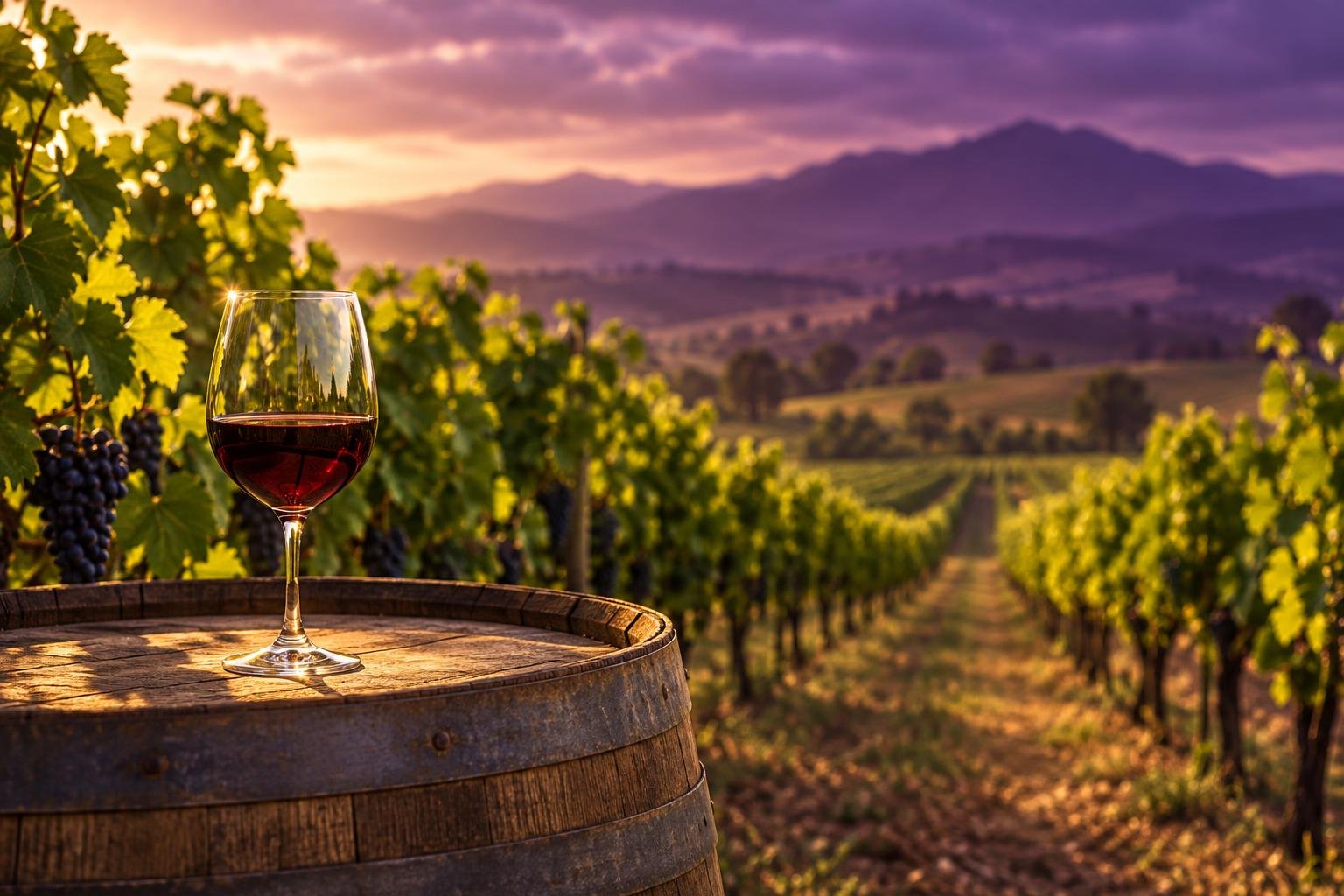 Glass of red wine in an organic vineyard
