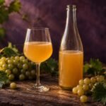 A hazy glass of natural wine beside a bottle and fresh grapes