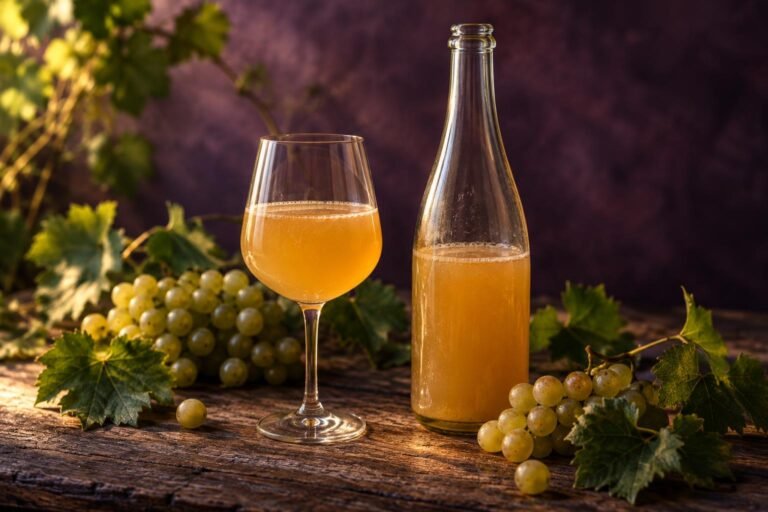 A hazy glass of natural wine beside a bottle and fresh grapes