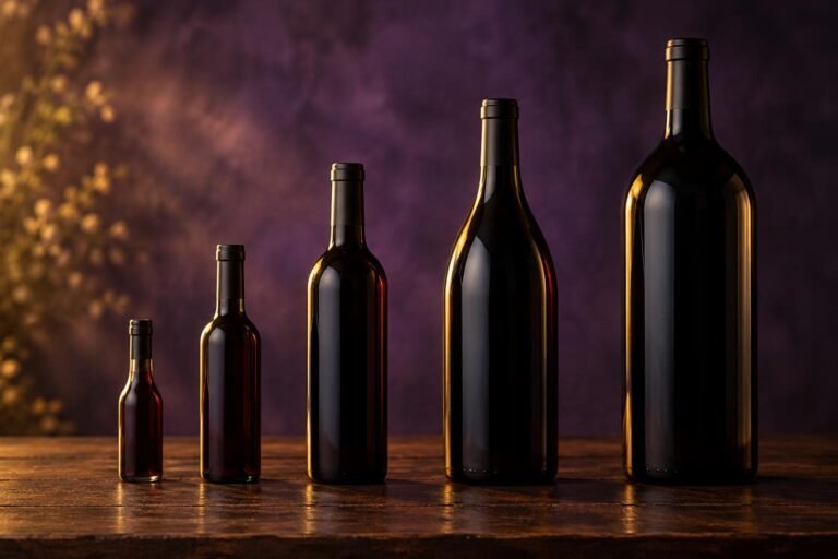 Wine bottles in different sizes from a split to a magnum lined up on a table