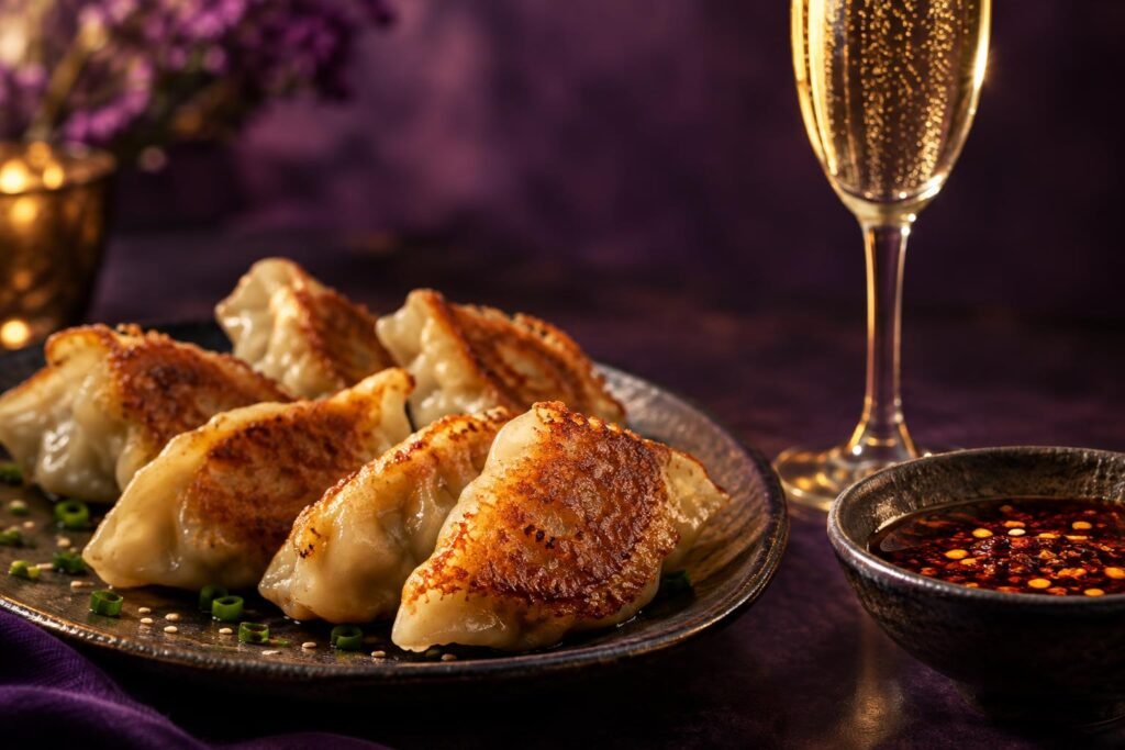 What Wine Goes With Dumplings? Pairings for Pork, Prawn and Veggie Dumplings 2 Pan-fried dumplings with sparkling wine and chilli oil