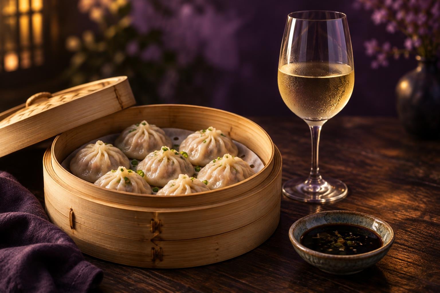 Steamed dumplings with a glass of pinot gris