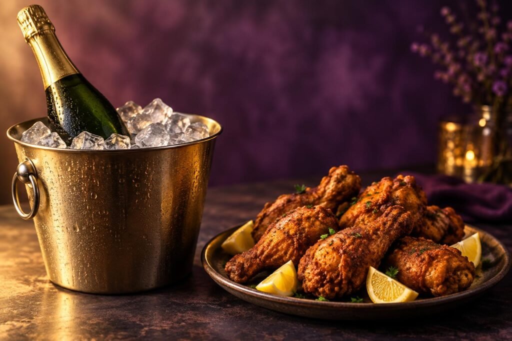 Sparkling wine in an ice bucket beside fried chicken and lemon wedges