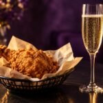 Crispy fried chicken in a basket beside a flute of sparkling wine