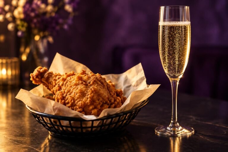 Crispy fried chicken in a basket beside a flute of sparkling wine