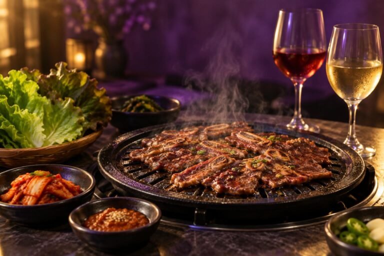 Best Wine With Korean BBQ: Sweet, Spicy and Smoky Pairings 1 Korean barbecue spread with grilled beef, kimchi and two glasses of wine