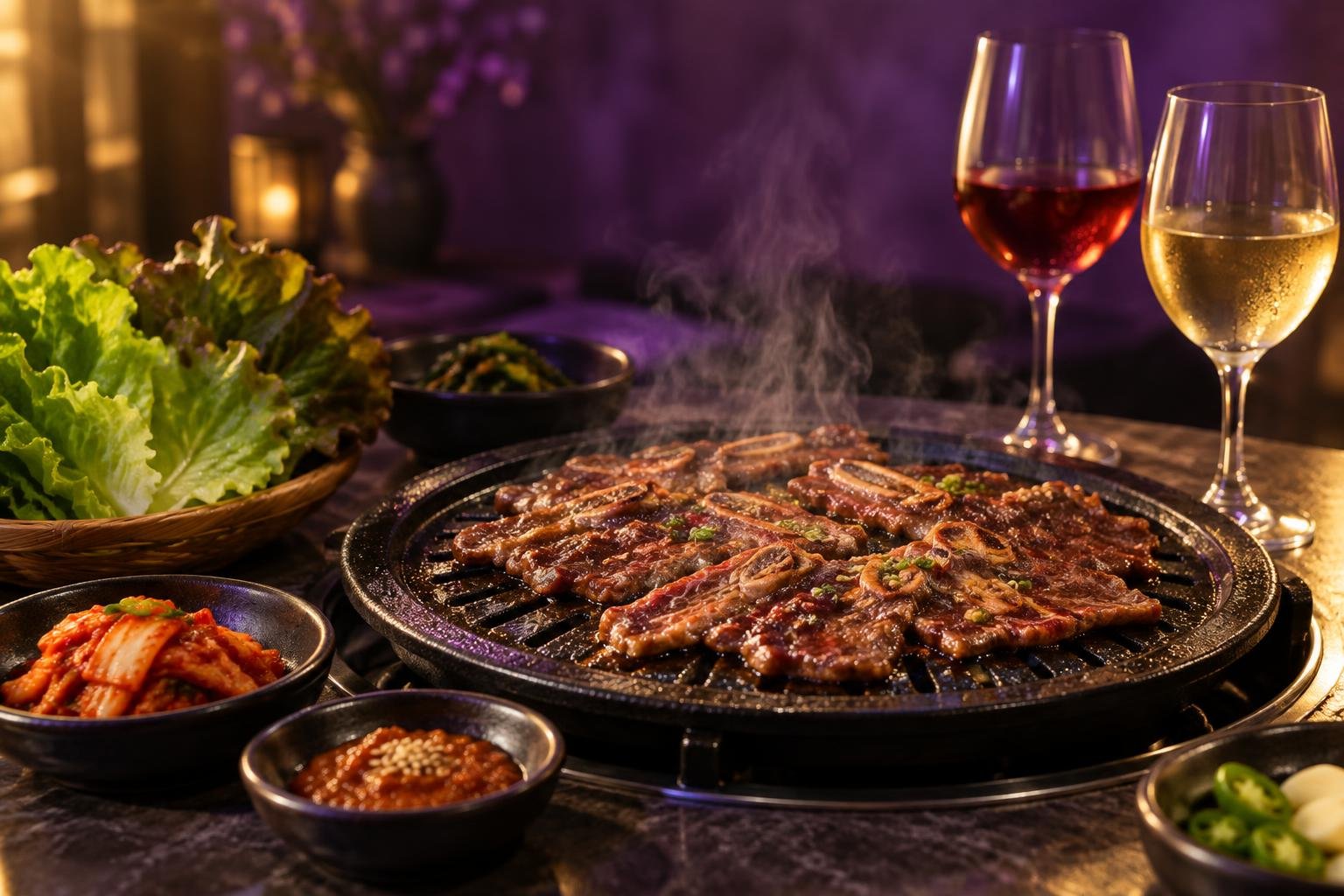 Best Wine With Korean BBQ: Sweet, Spicy and Smoky Pairings 1 Korean barbecue spread with grilled beef, kimchi and two glasses of wine