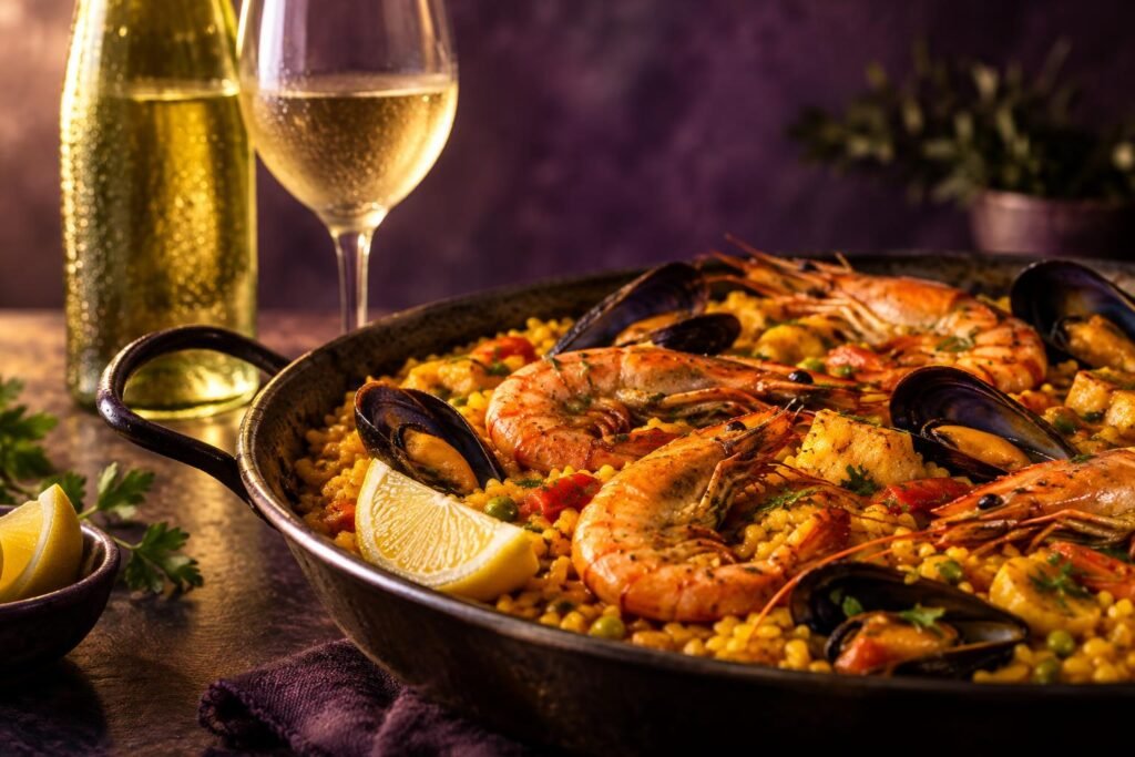 Golden paella with lemon and a glass of chilled white wine