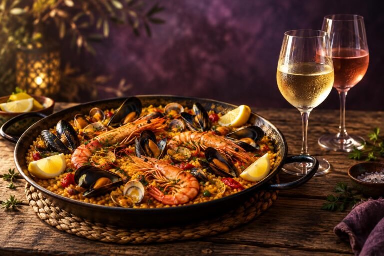 Seafood paella with a glass of white wine and a glass of rosé