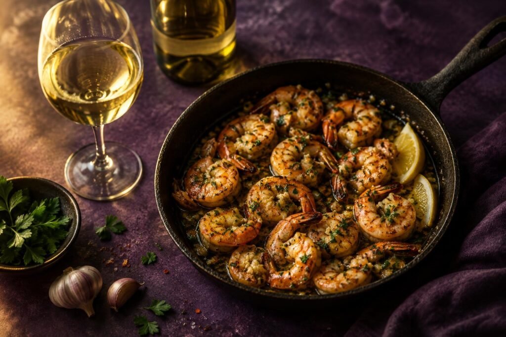 Best Wine With Prawns: From Garlic Butter to Barbecue 2 Garlic butter prawns in a pan with a glass of white wine