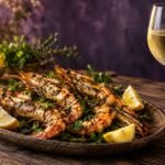 Grilled prawns with lemon beside a glass of white wine
