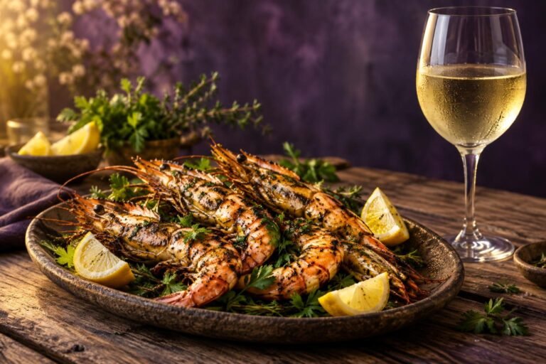 Grilled prawns with lemon beside a glass of white wine