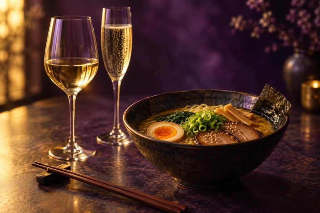 Wine With Ramen: What to Pour for Every Broth 2 Riesling and sparkling wine beside a bowl of miso ramen