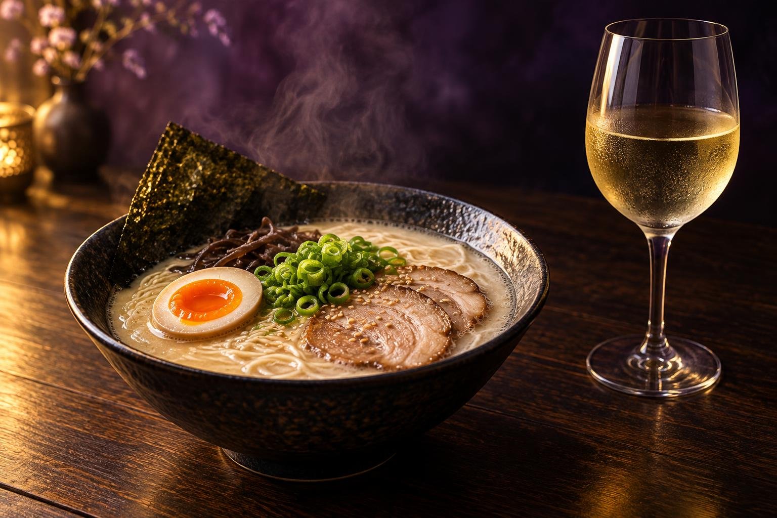 Wine With Ramen: What to Pour for Every Broth 1 A bowl of ramen next to a glass of white wine