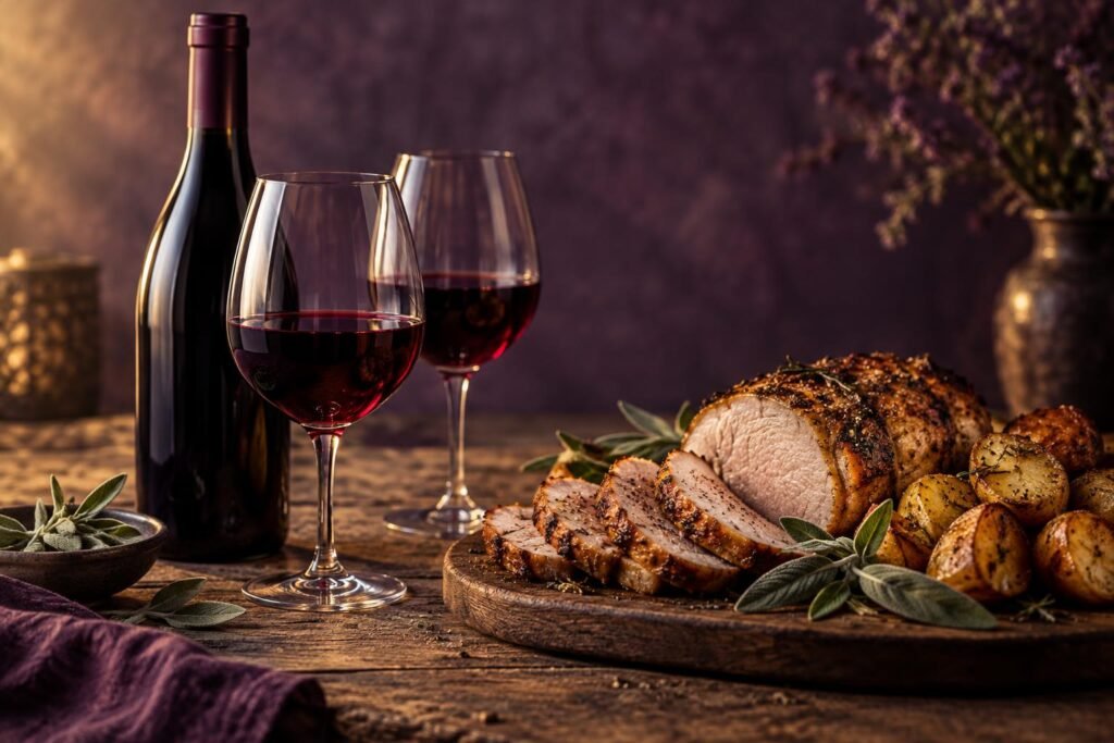 Sliced roast pork served with red wine and roast potatoes