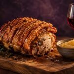 Roast pork with crackling, apple sauce and a glass of red wine