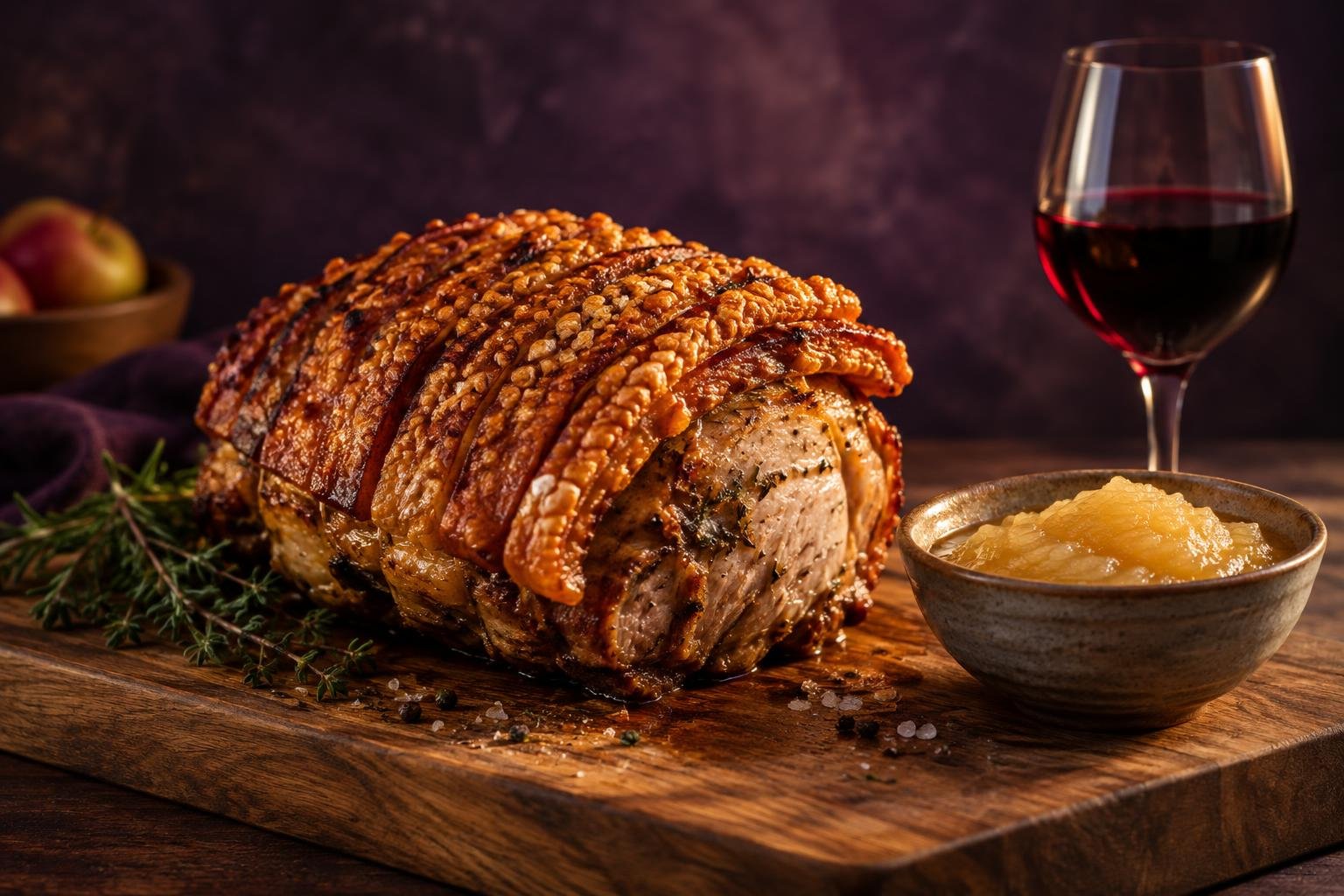 Roast pork with crackling, apple sauce and a glass of red wine