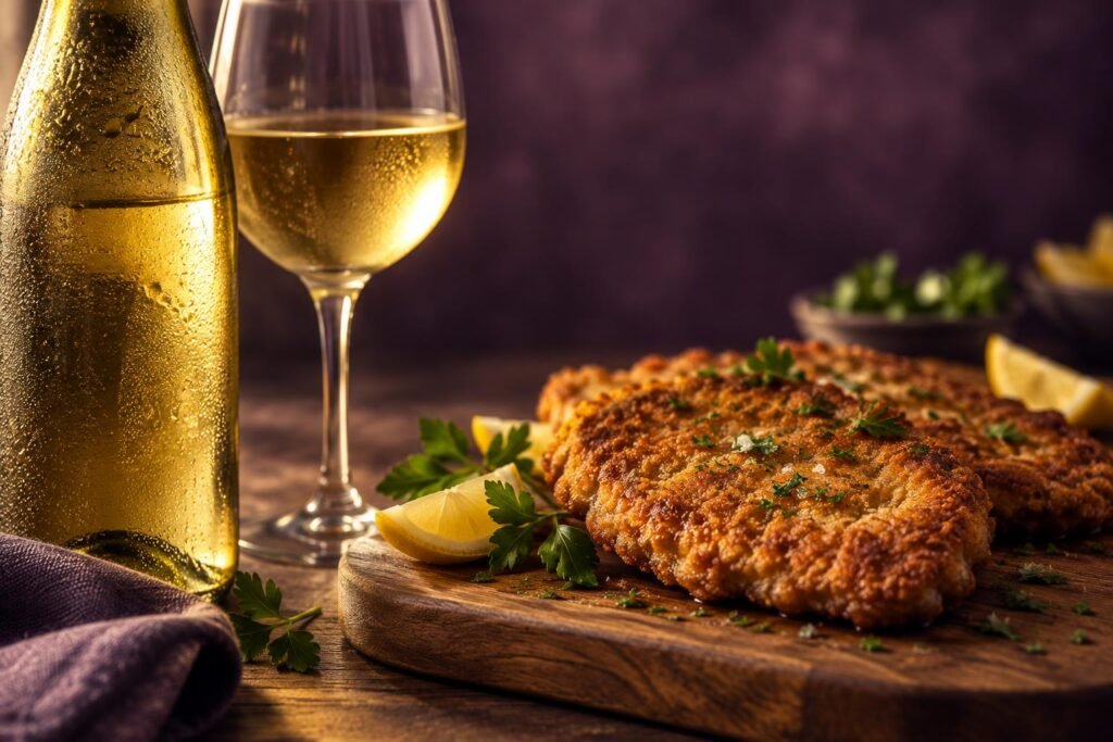 Chilled white wine with crumbed cutlets