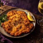 Golden schnitzel with lemon and a glass of white wine