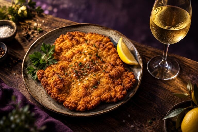 Golden schnitzel with lemon and a glass of white wine